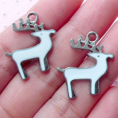 Reindeer Enamel Charms Deer Pendant (2pcs / 21mm x 23mm / Silver & White) Whimsical Jewelry Christmas Animal Charm Party Wine Charm CHM1902