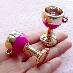 3D Dollhouse Wine Glass Acrylic Charms Enamel Charm (2pcs / 23mm x 41mm / Gold & Dark Pink) Minature Whimsical Novelty Jewellery CHM1909