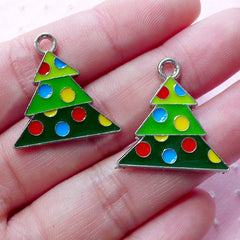 Colorful Christmas Tree Enamel Charms (2pcs / 23mm x 23mm / Silver) Christmas Decoration Party Favor Charm Key Chain Zipper Pull CHM1912