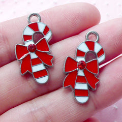 Peppermint Candy Stick Enamel Charm w/ Rhinestone (2pcs / 15mm x 26mm / Silver, Red & White) Christmas Favor Charm Bracelet Necklace CHM1913