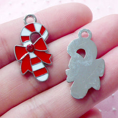 Peppermint Candy Stick Enamel Charm w/ Rhinestone (2pcs / 15mm x 26mm / Silver, Red & White) Christmas Favor Charm Bracelet Necklace CHM1913