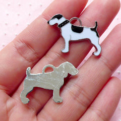 Black and White Dog Enamel Charms (2pcs / 27mm x 18mm / Silver) Animal Zipper Pull Pet Keychain Dog Lover Jewellery Collar Charm CHM1898