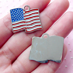 American Flag Enamel Charms (2pcs / 24mm x 22mm / Silver) USA Flag Necklace US Flag Pendant Patriotic Military Key Holder Charm CHM1899