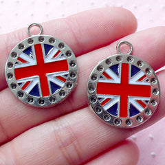 UK Flag Enamel Charms Union Jack Charm (2pcs / 23mm x 27mm / Silver) United Kingdom Flag Pendant British Flag Necklace Patriotic CHM1901