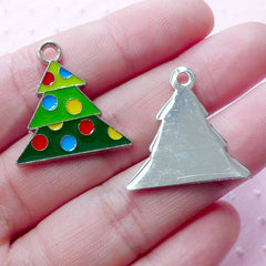 Colorful Christmas Tree Enamel Charms (2pcs / 23mm x 23mm / Silver) Christmas Decoration Party Favor Charm Key Chain Zipper Pull CHM1912