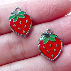 Small Strawberry Enamel Charm (2pcs / 12mm x 15mm / Silver, Red & Green) Kawaii Fruit Pendant Cute Keychain Dust Plug Charm Bracelet CHM1914