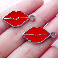 Sexy Lips Enamel Charms Kiss Charm (2pcs / 13mm x 25mm / Silver & Red) Whimsical Pendant Necklace Bracelet Earrings Bag Purse Charm CHM1918