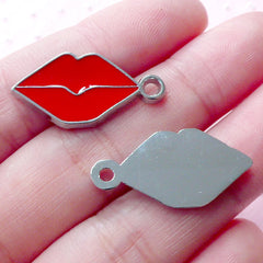 Sexy Lips Enamel Charms Kiss Charm (2pcs / 13mm x 25mm / Silver & Red) Whimsical Pendant Necklace Bracelet Earrings Bag Purse Charm CHM1918