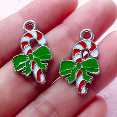 Candy Stick Enamel Charms Peppermint Charm (2pcs / 15mm x 24mm / Silver) Mini Christmas Ornament Card Making Party Decor Favor Charm CHM1930