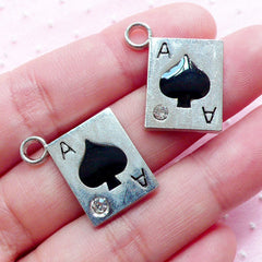 Poker Charm Ace of Spade Charm Playing Card Enamel Charms w/ Rhinestone (2pcs / 19mm x 22mm / Silver & Black) Alice in Wonderland CHM1940