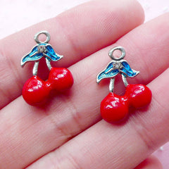 Red Cherry Enamel Charms w/ Rhinestone (2pcs / 13mm x 16mm / Silver / 2 Sided) Kawaii Fruit Charm Bracelet Necklace Purse Charm CHM1941