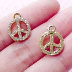 Rhinestone Peace Symbol Charms (2pcs / 12mm x 16mm / Gold) Peace Sign Pendant Hippie Earrings Hippy Bracelet Key Chain Wine Charm CHM1945