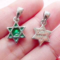 Sacred Geometry Jewelry Star of David Enamel Pendant (2pcs / 11mm x 15mm / Silver & Green) Hexagram Polygon Jewish Judaica Judaism CHM1946