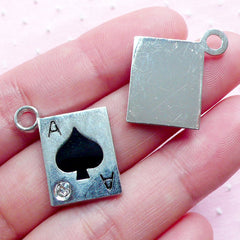 Poker Charm Ace of Spade Charm Playing Card Enamel Charms w/ Rhinestone (2pcs / 19mm x 22mm / Silver & Black) Alice in Wonderland CHM1940