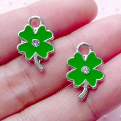 4 Leaf Clover Enamel Charms w/ Rhinestone (2pcs / 12mm x 18mm / Silver & Green / 2 Sided) Good Luck Jewelry Bracelet Bookmark Charm CHM1944