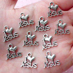 I Love Jesus Charms I Heart Jesus Pendant (10pcs / 14mm x 13mm / Tibetan Silver) Christian Jewellery Religion Charm Baptism Jewelry CHM1981