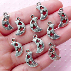 Small Crescent Moon Charms w/ Star & Heart (10pcs / 10mm x 17mm / Tibetan Silver / 2 Sided) Cute Celestial Charm Kawaii Luna Jewelry CHM1983