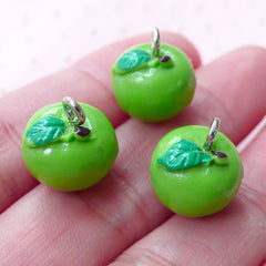 Green Apple Charm Kawaii Fruit Cabochon w/ Eye Pin (3pcs / 12mm x 14mm / Green) Whimsical Pendant Chunky Bracelet Earrings Bag Charm CHM1992