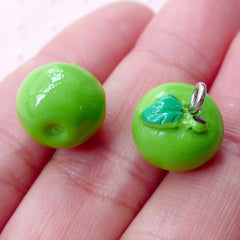 Green Apple Charm Kawaii Fruit Cabochon w/ Eye Pin (3pcs / 12mm x 14mm / Green) Whimsical Pendant Chunky Bracelet Earrings Bag Charm CHM1992