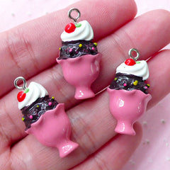 Miniature Ice Cream Sundea Charm Dollhouse Sweets Cabochon w/ Eye Pin (3pcs / 14mm x 27mm / Pink) Whimsical Chunky Kitsch Kawaii CHM1994