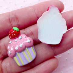 Kawaii Cupcake Cabochon w/ Strawberry (2pcs / 22mm x 28mm / Flat Back) Miniature Sweets Decoden Cute Deco Embellishment Scrapbooking FCAB304