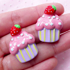 Kawaii Cupcake Cabochon w/ Strawberry (2pcs / 22mm x 28mm / Flat Back) Miniature Sweets Decoden Cute Deco Embellishment Scrapbooking FCAB304