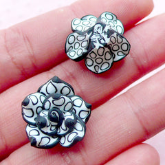 CLEARANCE Fimo Rose Flower Beads Polymer Clay Floral Cabochons (4pcs / 15mm / Black & White / Flat Back) Bracelet Necklace Earring Decoden CAB422