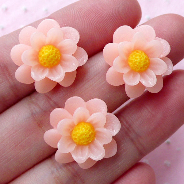 Small Flower Cabochons (3pcs / 17mm / Light Orange / Flat Back) Earrings Hair Pin Headband DIY Cell Phone Deco Floral Scrapbooking CAB424
