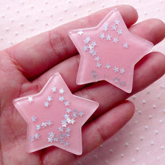 Large Star Cabochons w/ Star Sequin Confetti Sprinkles Glitter (2pcs / 41mm x 38mm / Pink / Flat Back) Kawaii Decoden Cute Scrapbook CAB428