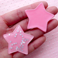 Large Star Cabochons w/ Star Sequin Confetti Sprinkles Glitter (2pcs / 41mm x 38mm / Pink / Flat Back) Kawaii Decoden Cute Scrapbook CAB428