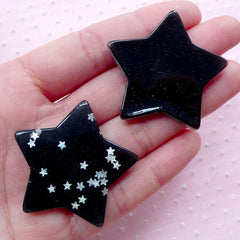 Decora Star Cabochons w/ Star Confetti Sequin Sprinkles Glitter (2pcs / 41mm x 38mm / Black / Flatback) Kawaii Deco Cellphone Decoden CAB429
