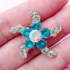 Starfish Metal Cabochon Sea Star w/ Rhinestones (1 piece / 28mm x 26mm / Blue & Clear / Flat Back) Brooch Making Cellphone Decoration CAB436