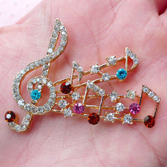 Music Metal Cabochon Music Note G-clef Treble Clef w/ Colorful Rhinestones (1 piece / 47mm x 38mm / Gold) Card Making iPhone Decoden CAB437