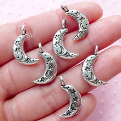 Silver Crescent Moon Charms w/ Star & Heart (6pcs / 13mm x 19mm / Tibetan Silver / 2 Sided) Celestial Luna Necklace Earring Bracelet CHM1998