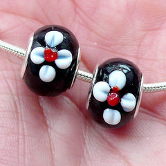 Black Glass Beads w/ White Flower (2pcs / 15mm x 10mm) Large Hole Floral Lampwork Bead Dual Core Focal Beads European Bead Bracelet CHM2023