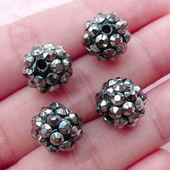 Acrylic Ball Beads w/ Rhinestones (4pcs / 12mm / Gunmetal) Plastic Loose Beads Pave Bead Sparkle Disco Beads Small Hole Round Bead CHM2009