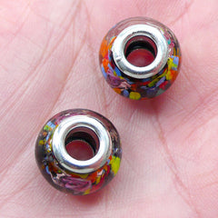 Lampwork Glass Bead w/ Flower & Colorful Spots (2pcs / 14mm x 10mm / Black) Double Core Focal Beads Floral European Bracelet DIY CHM2019