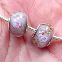 CLEARANCE Lampwork Bead w/ Flower & Gold Sprinkles (2pcs / 14mm x 10mm / Purple) Dual Core Floral Glass Beads Large Hole European Bracelet CHM2020