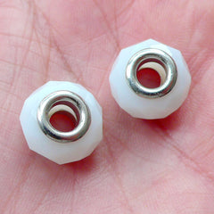 Faceted Glass Beads (2pcs / 14mm x 9mm / White) Big Hole Focal Beads Large Hole Lampwork Bead European Beads European Bracelet CHM2025