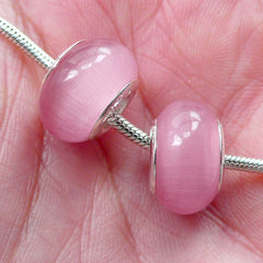 Pink Lampwork Glass Beads (2pcs / 14mm x 9mm) Big Hole Beads Silver Dual Core Bead European Bead Bracelet DIY Necklace Making CHM2026