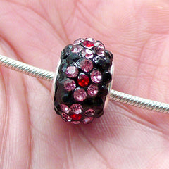 CLEARANCE Pave Rhinestone Bead w/ Floral Pattern (1 piece / 15mm x 9mm / Black & Pink) Double Core Bling Sparkle Beads Big Hole European Bead CHM2029