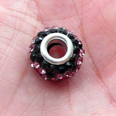 CLEARANCE Pave Rhinestone Bead w/ Floral Pattern (1 piece / 15mm x 9mm / Black & Pink) Double Core Bling Sparkle Beads Big Hole European Bead CHM2029
