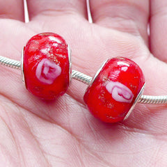 Glass Beads w/ Flower & Gold Glitter (2pcs / 14mm x 10mm / Red) Lampwork Bead Big Hole Focal Bead Slider Bead European Bracelet CHM2016