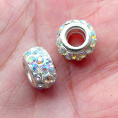 CLEARANCE Pave Clay Bead / Rhinestone Bead (2pcs / 12mm x 7mm / White and AB Clear) Dual Core Bead Large Hole Sparkle Bead Bling European Bead CHM2031