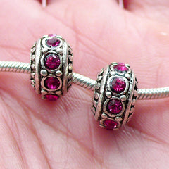CLEARANCE Rondelle Bead w/ Rhinestones (2pcs / 11mm x 7mm / Tibetan Silver & Purple Pink) Bling Large Hole Bead Sparkle Bead European Bracelet CHM2049