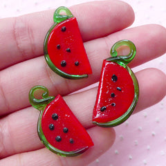 Watermelon Lampwork Charm / Dollhouse Fruit Glass Charm / Miniature Watermelon Glass Pendant (3pcs / 14mm x 29mm / Red & Green) CHM2035