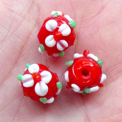 Floral Lampwork Bead / Flower Glass Bead (3pcs / 12mm x 10mm / Red) Small Hole Bead Focal Bead DIY String Bracelet Necklace Earrings CHM2037