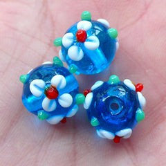 Flower Lampwork Glass Beads (3pcs / 12mm x 10mm / Blue ) Floral Focal Bead Small Hole Beads String Necklace Bracelet Earrings Making CHM2038