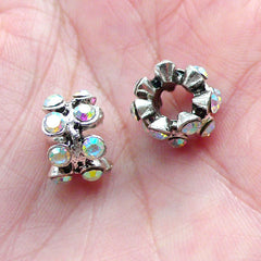Pave Beads / Rhinestone Bead (2pcs / 12mm x 8mm / Silver & AB Clear) Bling Large Hole Bead Sparkle Ring Bead Fits European Bracelet CHM2043