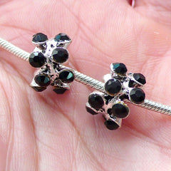 Rhinestone Bead / Pave Beads (2pcs / 12mm x 8mm / Silver & Black) Sparkle Large Hole Bead Bling Ring Bead fits European Bracelet CHM2044